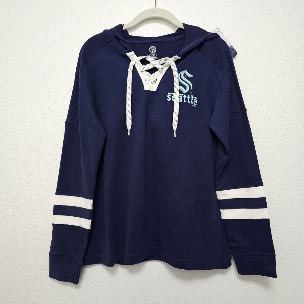 NWT NHL Seattle Kraken Women's Hooded Lace-Up V-Neck Hockey Sweatshirt Sz Medium